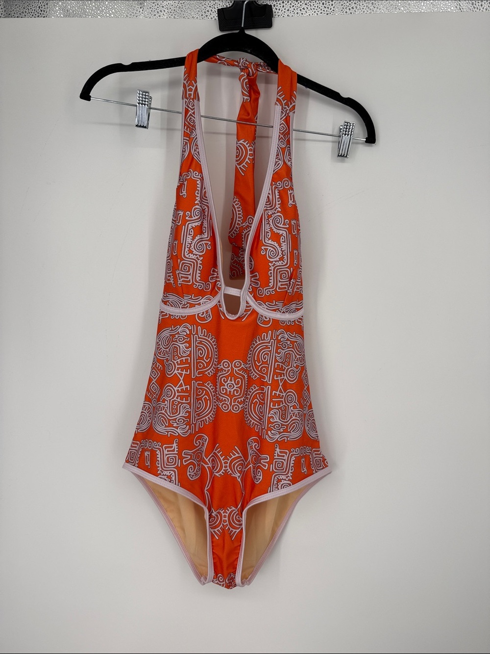 Women’s Orange & White  Tribal Print Halter One piece swim size M